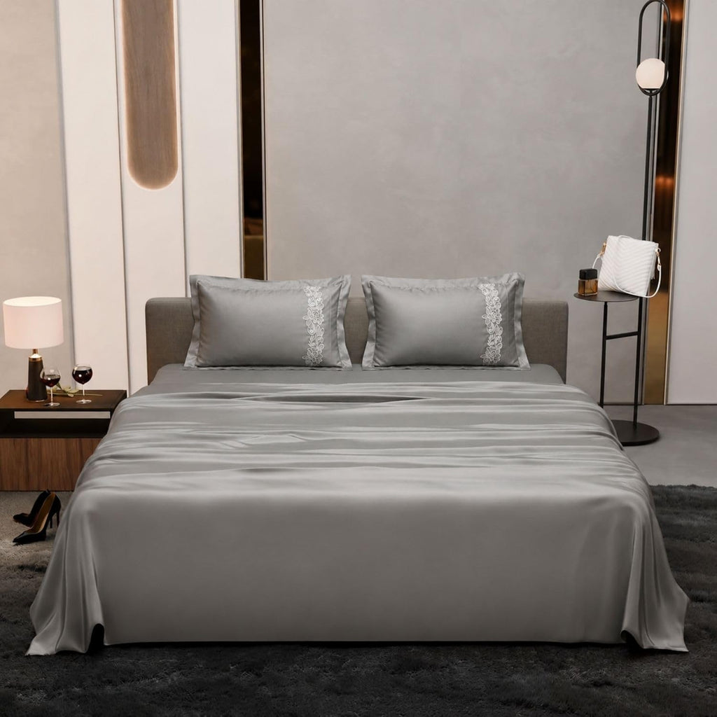Dream Weaverz Satin Bedsheets King Size, 3-Piece Bedding Set 300 Thread Count Bedsheet & 2 Floral Lace Covers | Prevents Wrinkles, Tangles & Frizz | Retains Moisture, Grey