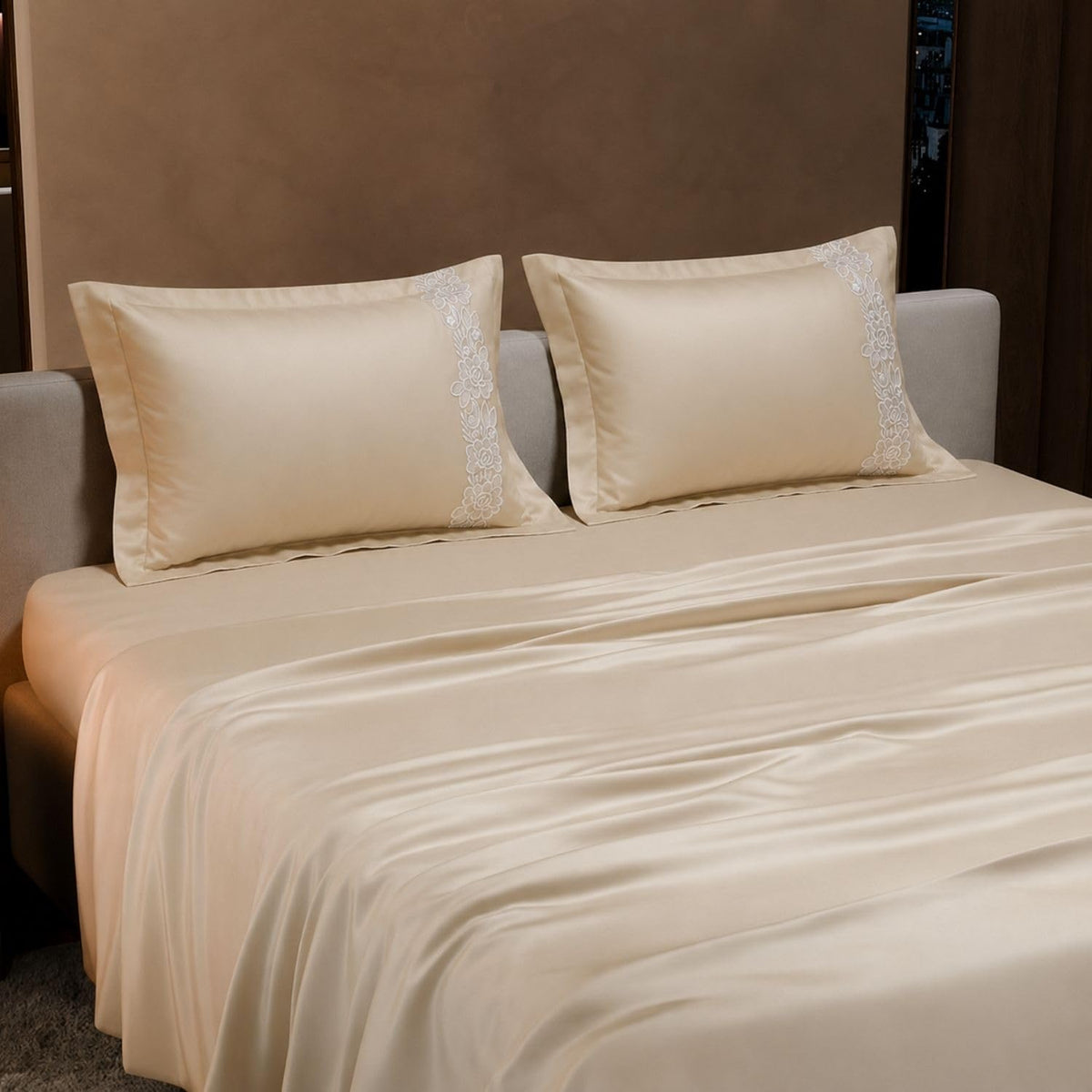Dream Weaverz Satin Bedsheets King Size, 3-Piece Bedding Set 300 Thread Count Bedsheet & 2 Floral Lace Covers | Prevents Wrinkles, Tangles & Frizz | Retains Moisture, Cream