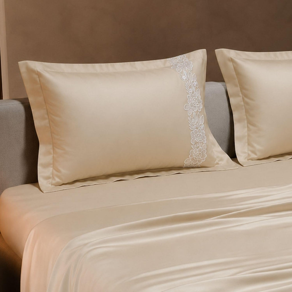 Dream Weaverz Satin Bedsheets King Size, 3-Piece Bedding Set 300 Thread Count Bedsheet & 2 Floral Lace Covers | Prevents Wrinkles, Tangles & Frizz | Retains Moisture, Cream