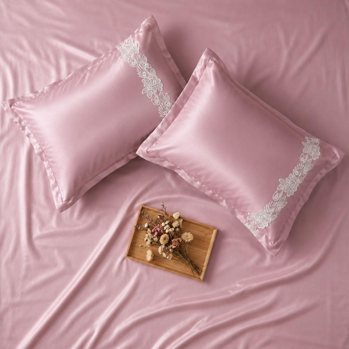 Dream Weaverz Satin Bedsheets King Size, 3-Piece Bedding Set 300 Thread Count Bedsheet & 2 Floral Lace Covers | Prevents Wrinkles, Tangles & Frizz | Retains Moisture, Pink