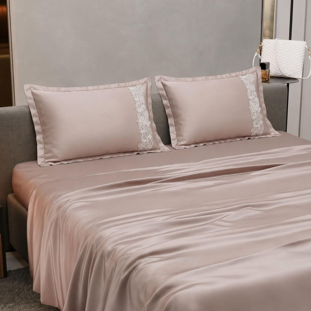 Dream Weaverz Satin Bedsheets King Size, 3-Piece Bedding Set 300 Thread Count Bedsheet & 2 Floral Lace Covers | Prevents Wrinkles, Tangles & Frizz | Retains Moisture, Rose