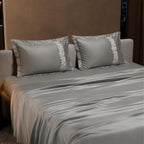 Dream Weaverz Satin Bedsheets King Size, 3-Piece Bedding Set 300 Thread Count Bedsheet & 2 Floral Lace Covers | Prevents Wrinkles, Tangles & Frizz | Retains Moisture, Grey