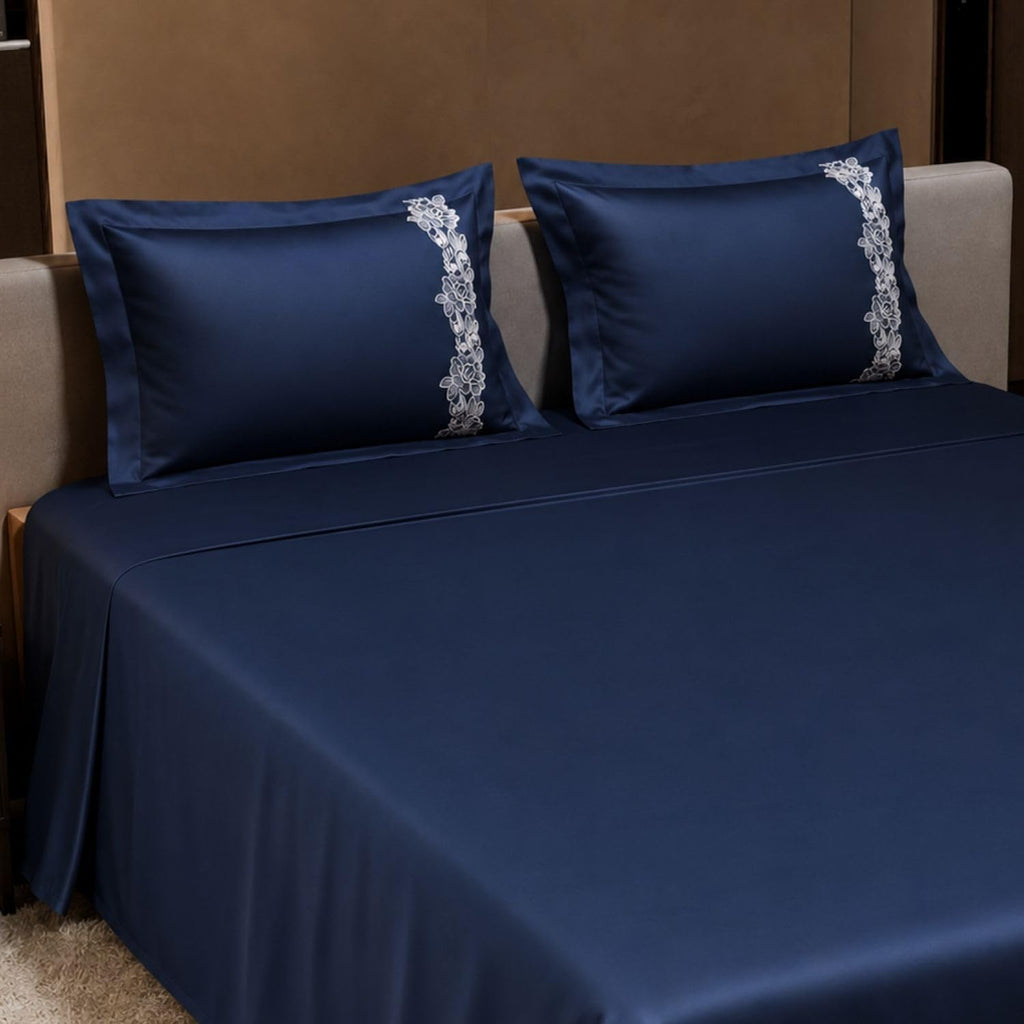 Dream Weaverz Satin Bedsheets King Size, 3-Piece Bedding Set 300 Thread Count Bedsheet & 2 Floral Lace Covers | Prevents Wrinkles, Tangles & Frizz | Retains Moisture, Navy
