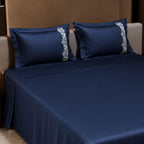 Dream Weaverz Satin Bedsheets King Size, 3-Piece Bedding Set 300 Thread Count Bedsheet & 2 Floral Lace Covers | Prevents Wrinkles, Tangles & Frizz | Retains Moisture, Navy