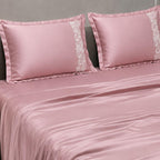 Dream Weaverz Satin Bedsheets King Size, 3-Piece Bedding Set 300 Thread Count Bedsheet & 2 Floral Lace Covers | Prevents Wrinkles, Tangles & Frizz | Retains Moisture, Pink