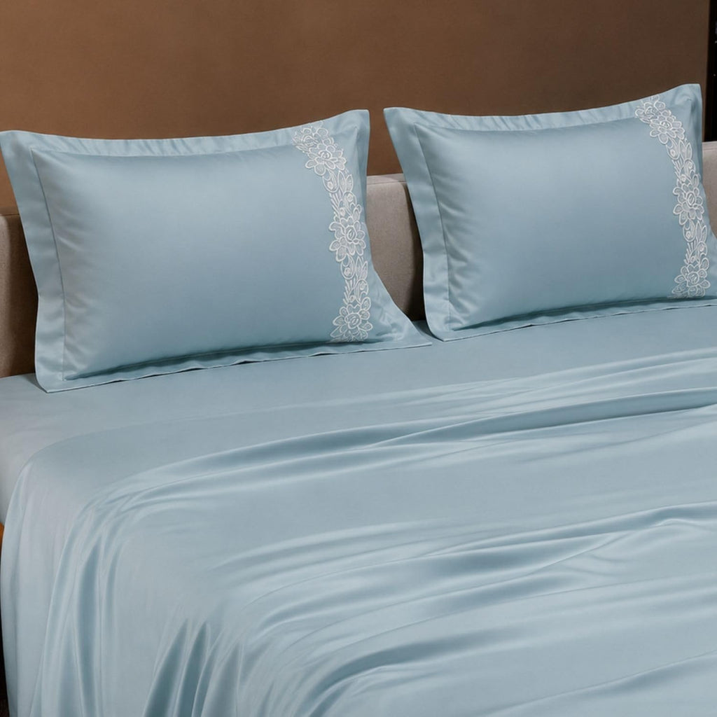Dream Weaverz Satin Bedsheets King Size, 3-Piece Bedding Set 300 Thread Count Bedsheet & 2 Floral Lace Covers | Prevents Wrinkles, Tangles & Frizz | Retains Moisture, Turquoise Blue
