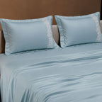 Dream Weaverz Satin Bedsheets King Size, 3-Piece Bedding Set 300 Thread Count Bedsheet & 2 Floral Lace Covers | Prevents Wrinkles, Tangles & Frizz | Retains Moisture, Turquoise Blue