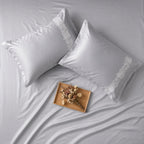 Dream Weaverz Satin Bedsheets King Size, 3-Piece Bedding Set 300 Thread Count Bedsheet & 2 Floral Lace Covers | Prevents Wrinkles, Tangles & Frizz | Retains Moisture, Silver