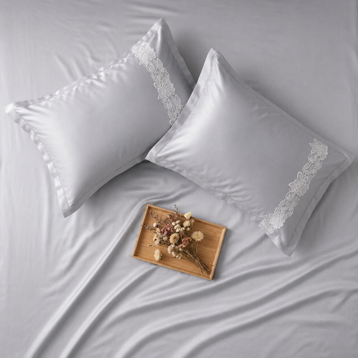Dream Weaverz Satin Bedsheets King Size, 3-Piece Bedding Set 300 Thread Count Bedsheet & 2 Floral Lace Covers | Prevents Wrinkles, Tangles & Frizz | Retains Moisture, Silver