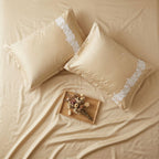 Dream Weaverz Satin Bedsheets King Size, 3-Piece Bedding Set 300 Thread Count Bedsheet & 2 Floral Lace Covers | Prevents Wrinkles, Tangles & Frizz | Retains Moisture, Cream