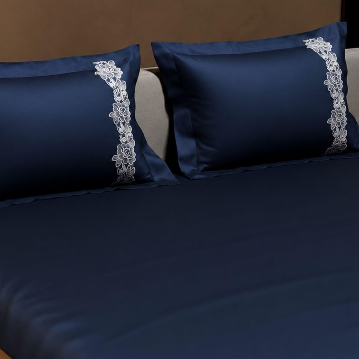 Dream Weaverz Satin Bedsheets King Size, 3-Piece Bedding Set 300 Thread Count Bedsheet & 2 Floral Lace Covers | Prevents Wrinkles, Tangles & Frizz | Retains Moisture, Navy