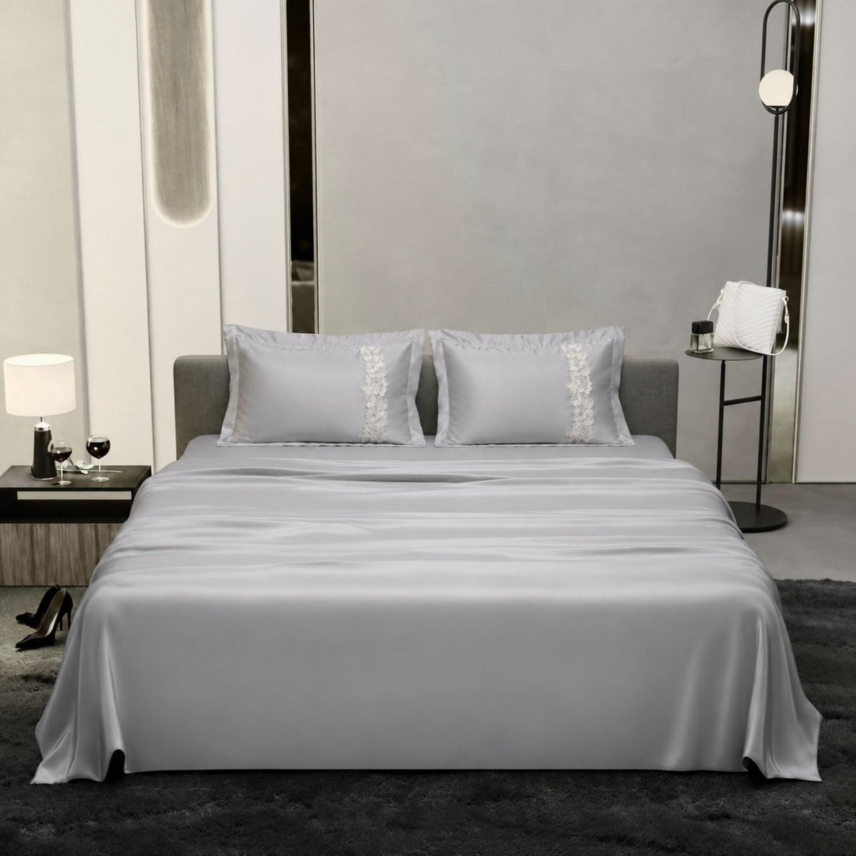 Dream Weaverz Satin Bedsheets King Size, 3-Piece Bedding Set 300 Thread Count Bedsheet & 2 Floral Lace Covers | Prevents Wrinkles, Tangles & Frizz | Retains Moisture, Silver