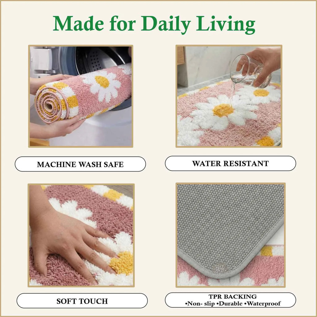 Dream Weaverz Microfiber Bathroom Mat (Pink-Yellow, Free)