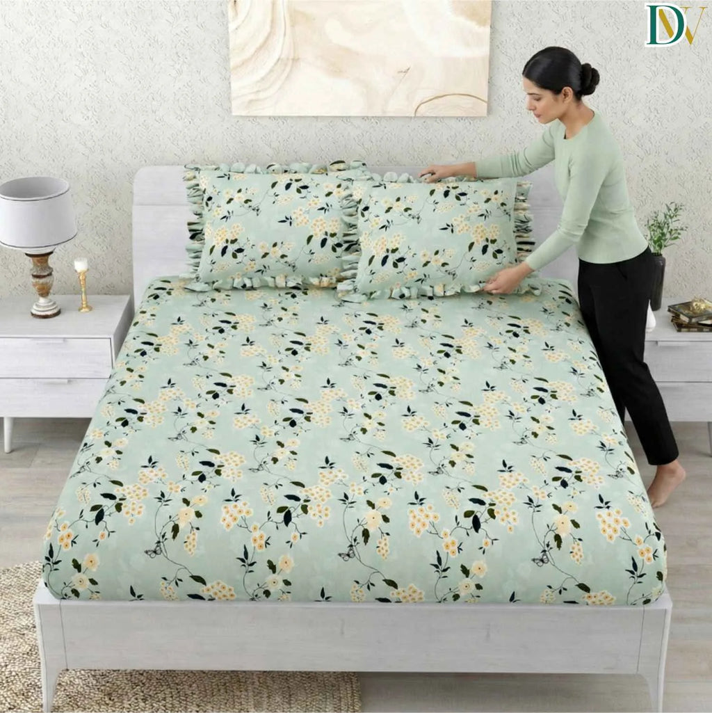 Dream Weaverz Home Polycotton Double Fitted (Elastic) 260 TC Floral 1 Bedsheet with 2 Pillow Covers (Green)