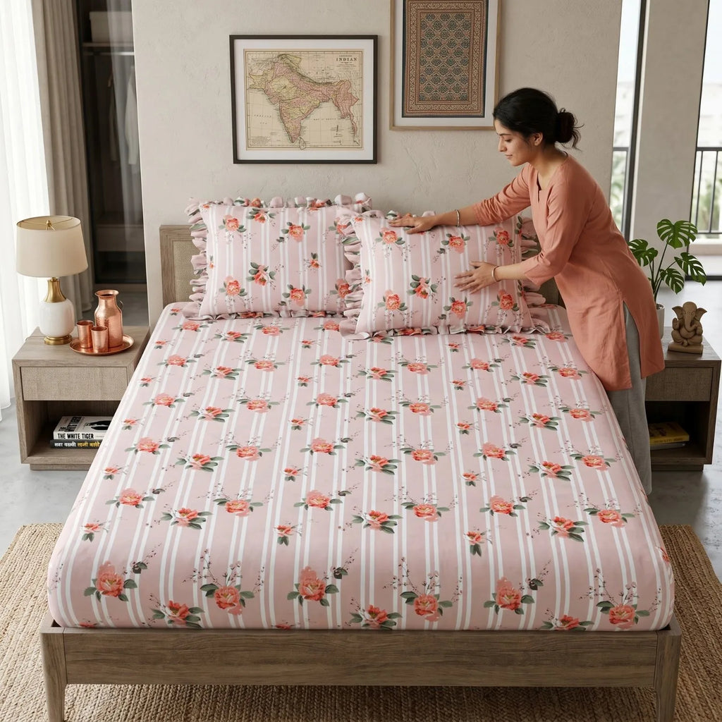 Dream Weaverz Home Polycotton Double Fitted (Elastic) 260 TC Floral 1 Bedsheet with 2 Pillow Covers (Pink)