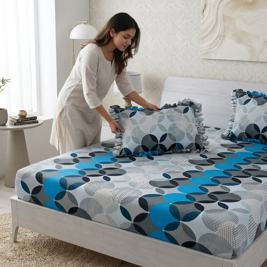 Dream Weaverz Home Polycotton Double Fitted (Elastic) 260 TC Abstract 1 Bedsheet with 2 Pillow Covers (Grey)