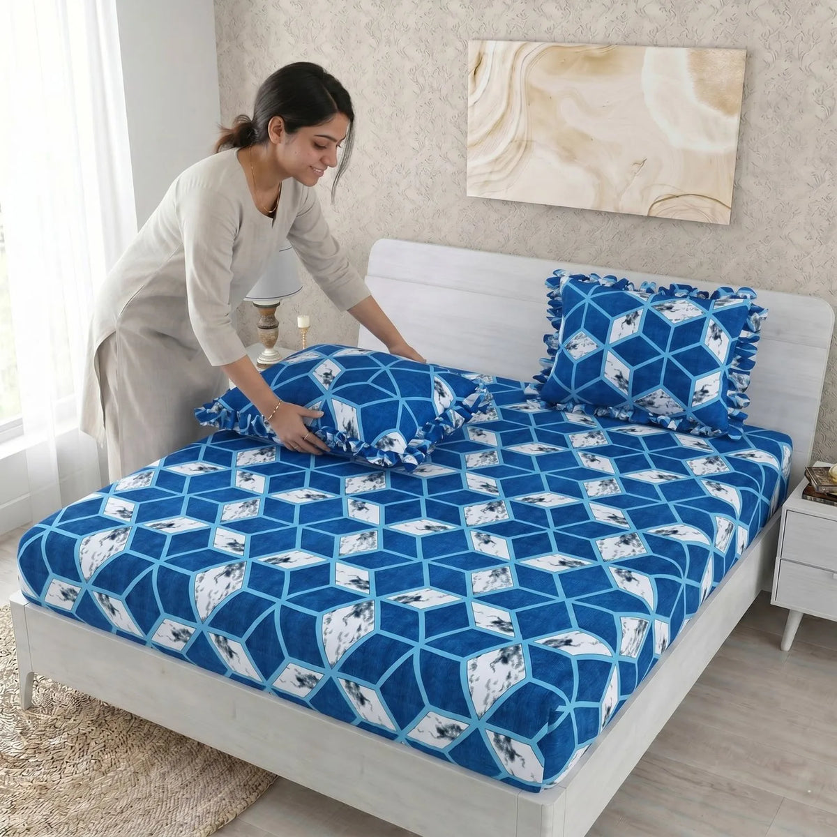 Dream Weaverz Home Polycotton King Fitted (Elastic) 260 TC Abstract 1 Bedsheet with 2 Pillow Covers (Blue-White)