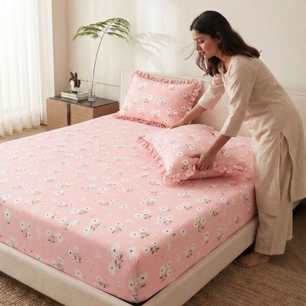 Dream Weaverz Home Polycotton King Fitted (Elastic) 260 TC Floral 1 Bedsheet with 2 Pillow Covers (Baby Pink)