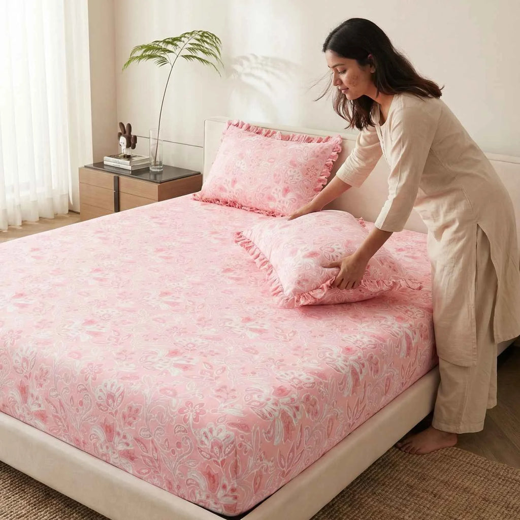 Dream Weaverz Home Polycotton King Fitted (Elastic) 260 TC Floral 1 Bedsheet with 2 Pillow Covers (Pink)
