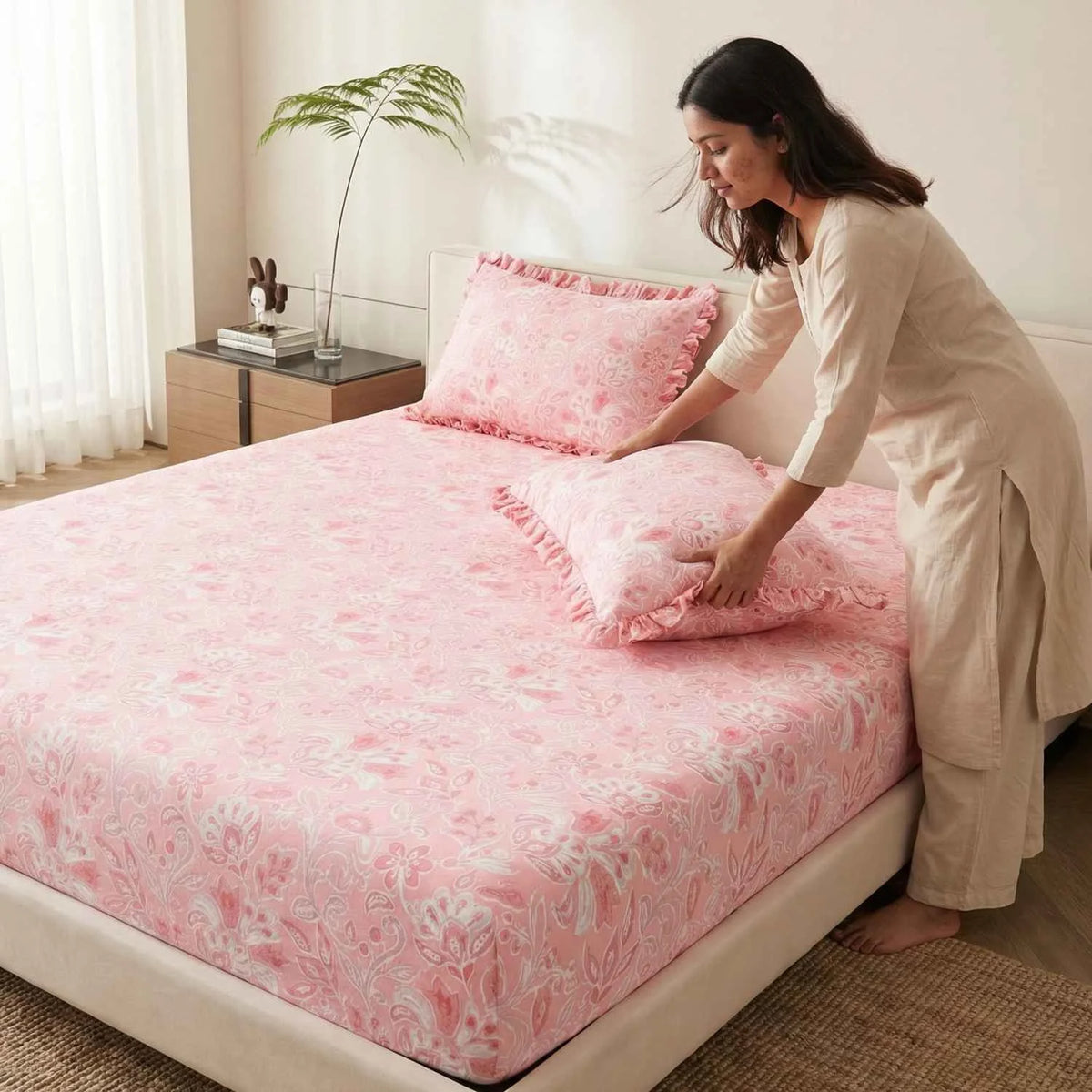 Dream Weaverz Home Polycotton King Fitted (Elastic) 260 TC Floral 1 Bedsheet with 2 Pillow Covers (Pink)
