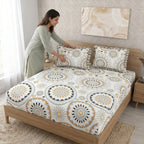 Dream Weaverz Home Polycotton King Fitted (Elastic) 260 TC Abstract 1 Bedsheet with 2 Pillow Covers (Off white)
