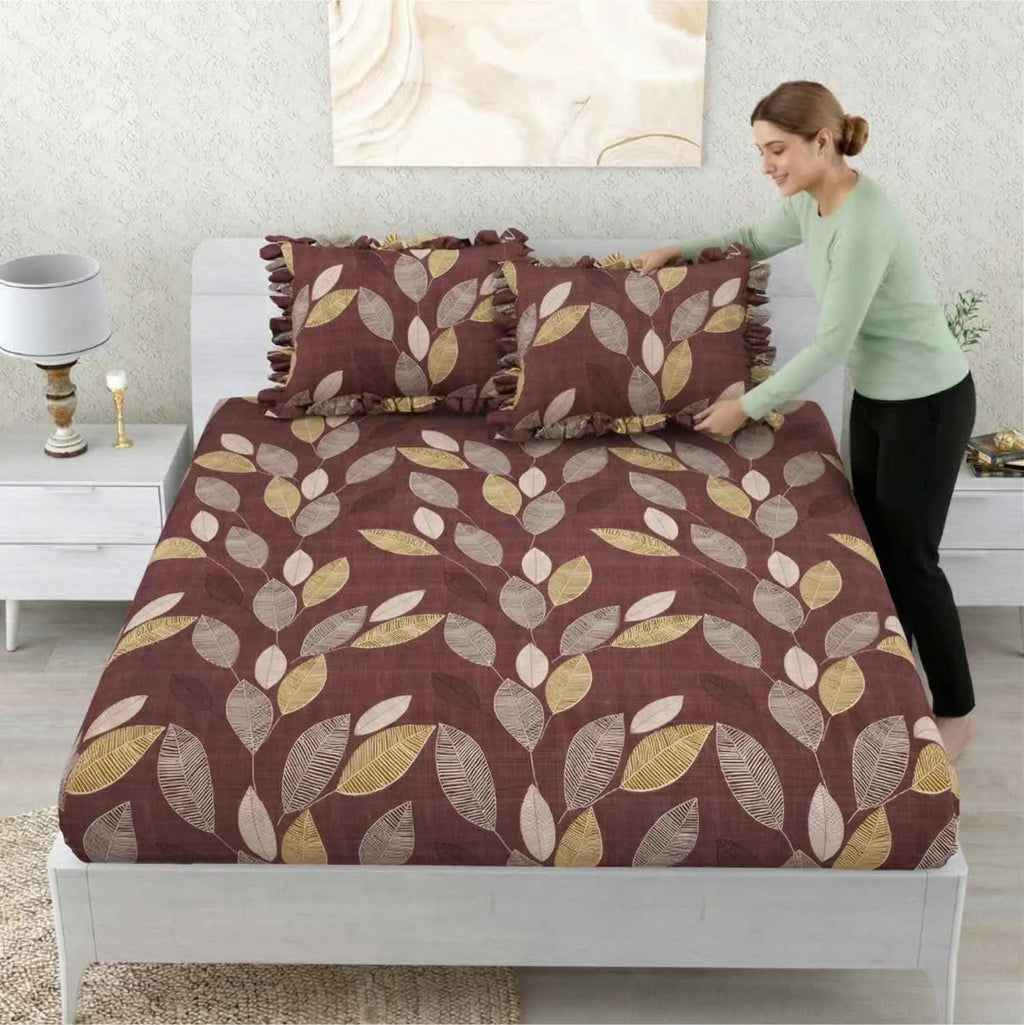 Dream Weaverz Home Polycotton Double Fitted (Elastic) 260 TC Abstract 1 Bedsheet with 2 Pillow Covers (Brown)