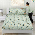 Dream Weaverz Polycotton Double Fitted (Elastic) 260 TC Floral 1 Bedsheet with 2 Pillow Covers (Green)