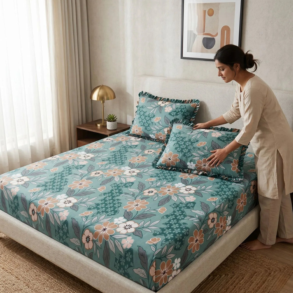Dream Weaverz Home Polycotton King Fitted (Elastic) 260 TC Floral 1 Bedsheet (Green-Brown)