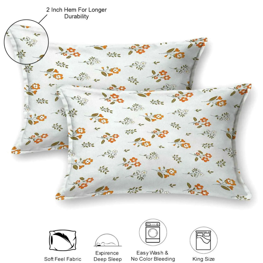 Dream Weaverz Cotton Super King Flat 220 TC Floral 1 Bedsheet with 2 Pillow Covers (Sky Blue-Orange)