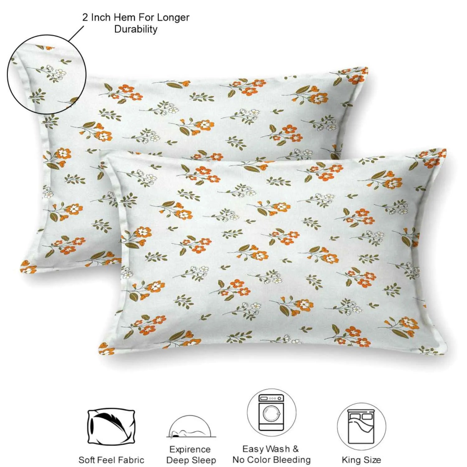 Dream Weaverz Cotton Super King Flat 220 TC Floral 1 Bedsheet with 2 Pillow Covers (Sky Blue-Orange)