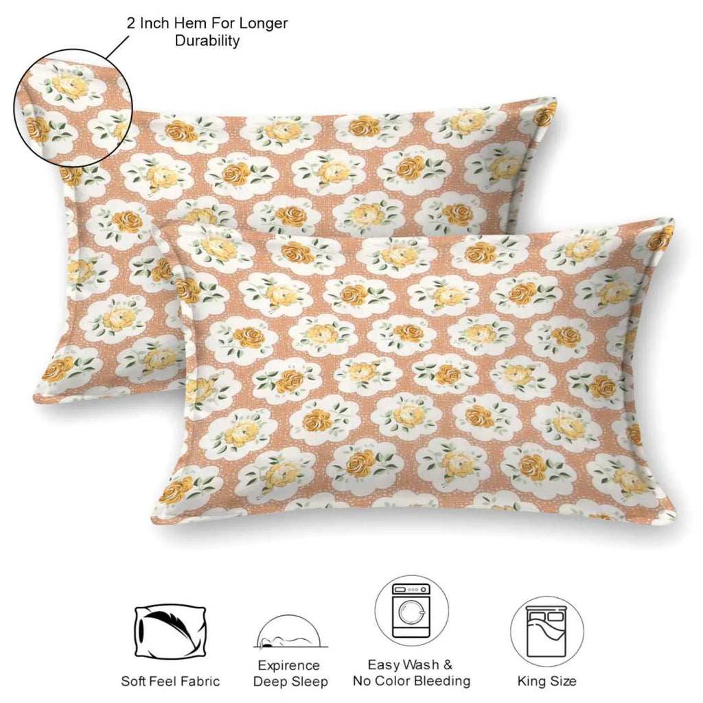Dream Weaverz Cotton Super King Flat 220 TC Abstract 1 Bedsheet with 2 Pillow Covers (Peach-Yellow)