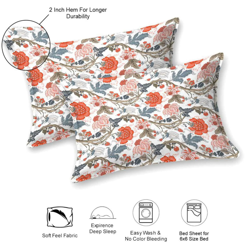 Dream Weaverz Cotton Queen Flat 220 TC Floral 1 Bedsheet with 2 Pillow Covers (Off white)