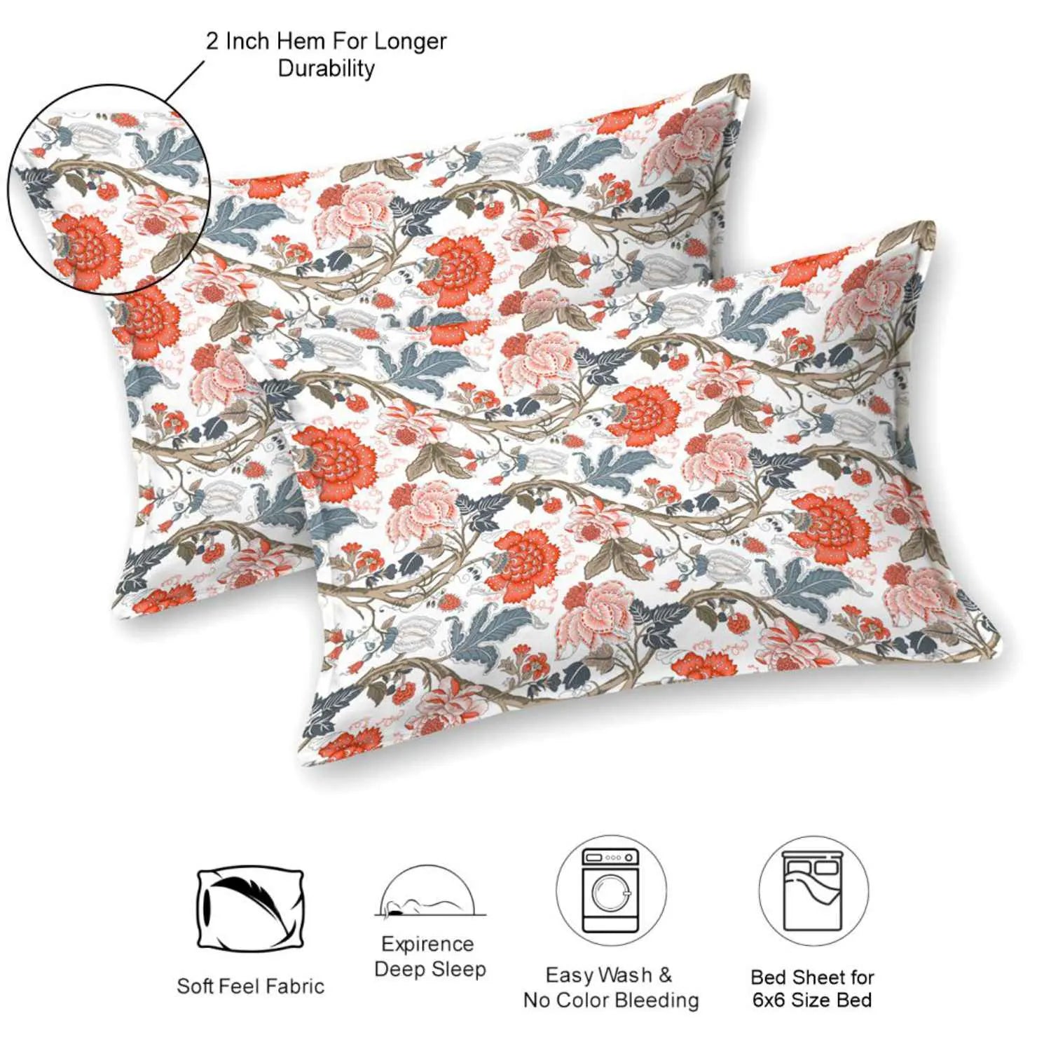 Dream Weaverz Cotton Queen Flat 220 TC Floral 1 Bedsheet with 2 Pillow Covers (Off white)