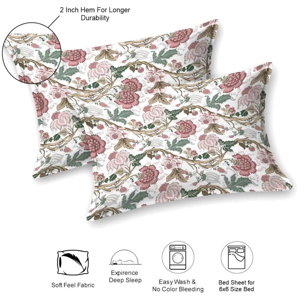 Dream Weaverz Cotton Queen Flat 220 TC Floral 1 Bedsheet with 2 Pillow Covers (White)