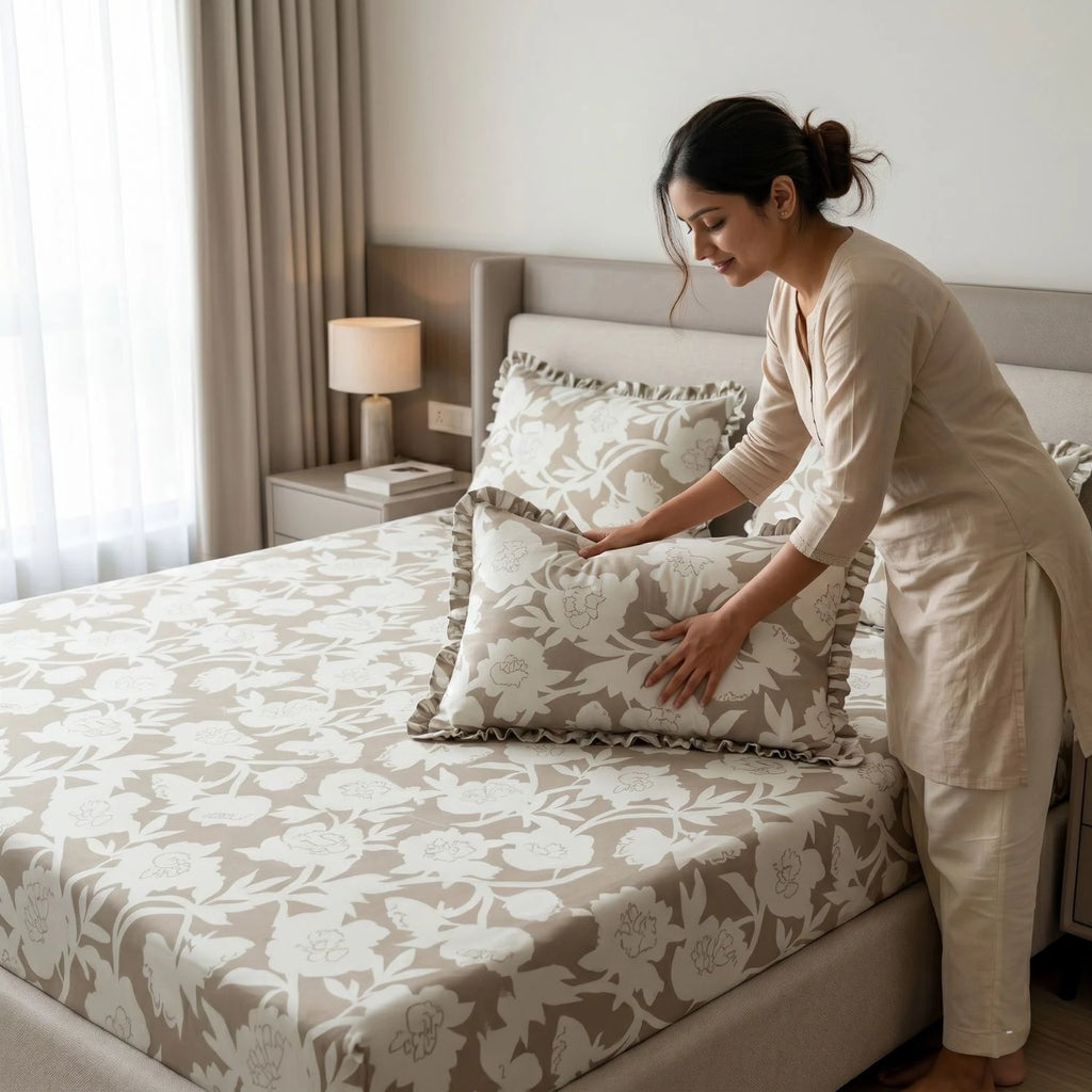 Dream Weaverz Home Polycotton King Fitted (Elastic) 260 TC Floral 1 Bedsheet (Beige-White)