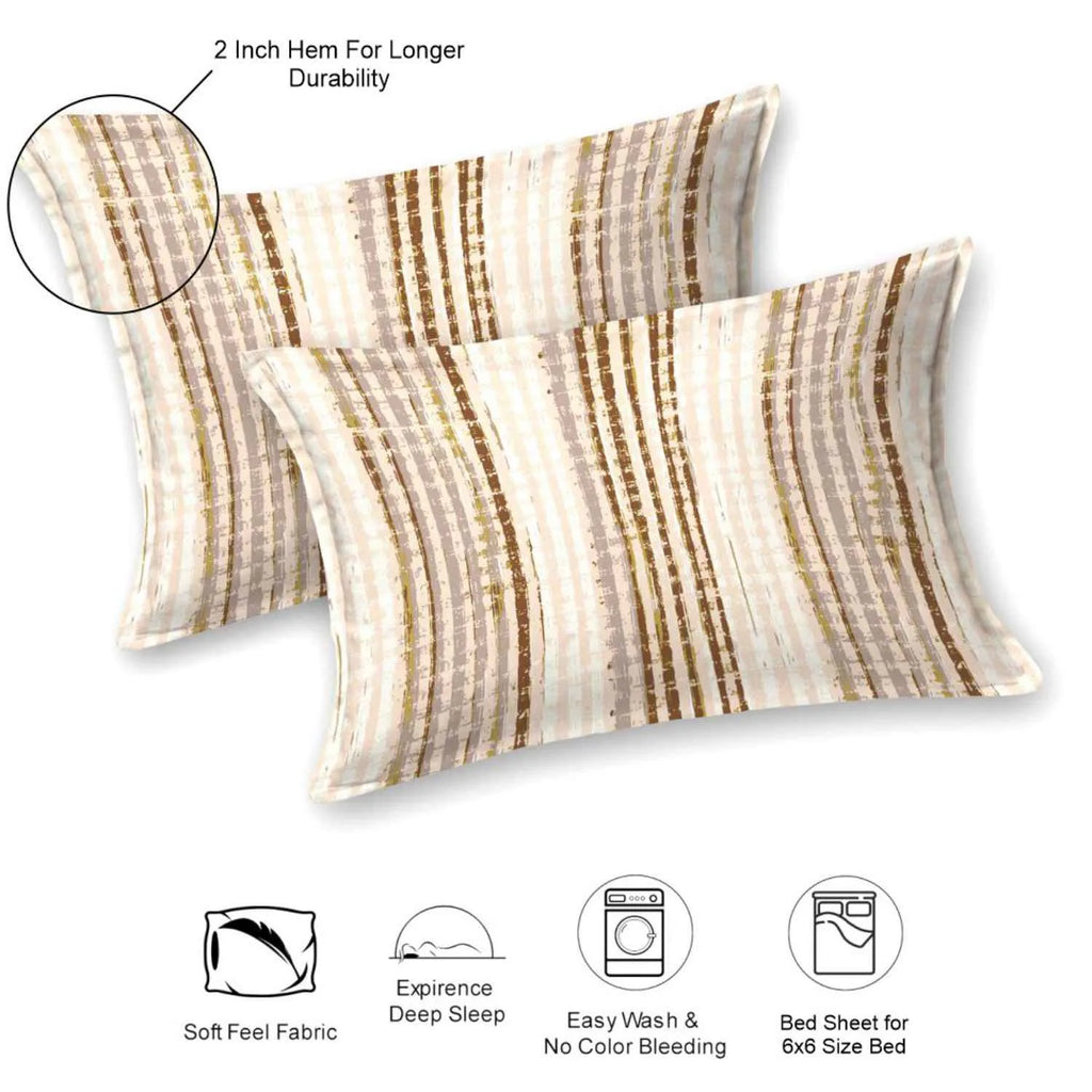 Dream Weaverz Cotton Queen Flat 220 TC Striped 1 Bedsheet with 2 Pillow Covers (Beige)