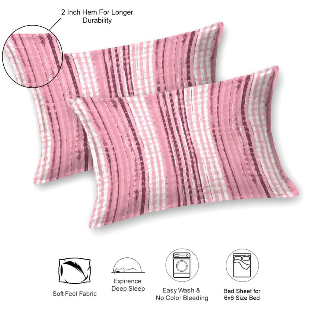 Dream Weaverz Cotton Queen Flat 220 TC Striped 1 Bedsheet with 2 Pillow Covers (Pink)