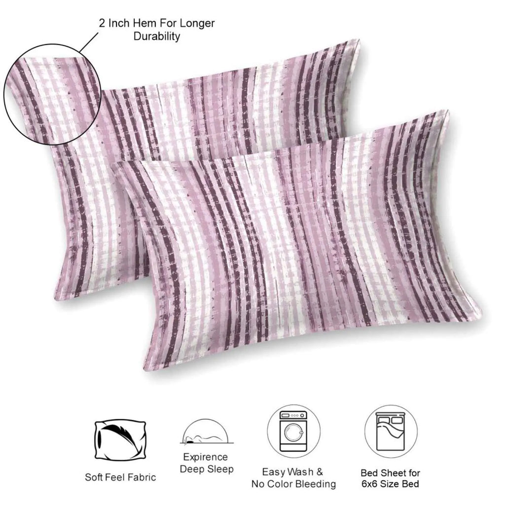 Dream Weaverz Cotton Queen Flat 220 TC Striped 1 Bedsheet with 2 Pillow Covers (Purple, White)