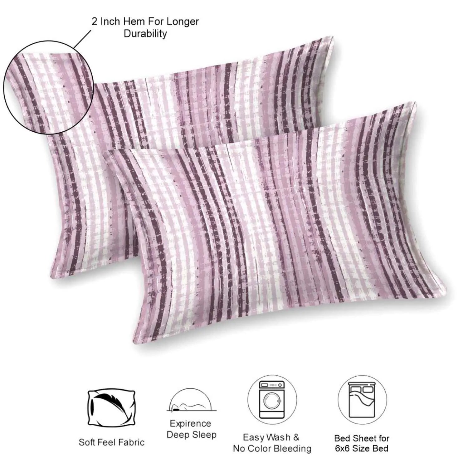 Dream Weaverz Cotton Queen Flat 220 TC Striped 1 Bedsheet with 2 Pillow Covers (Purple, White)