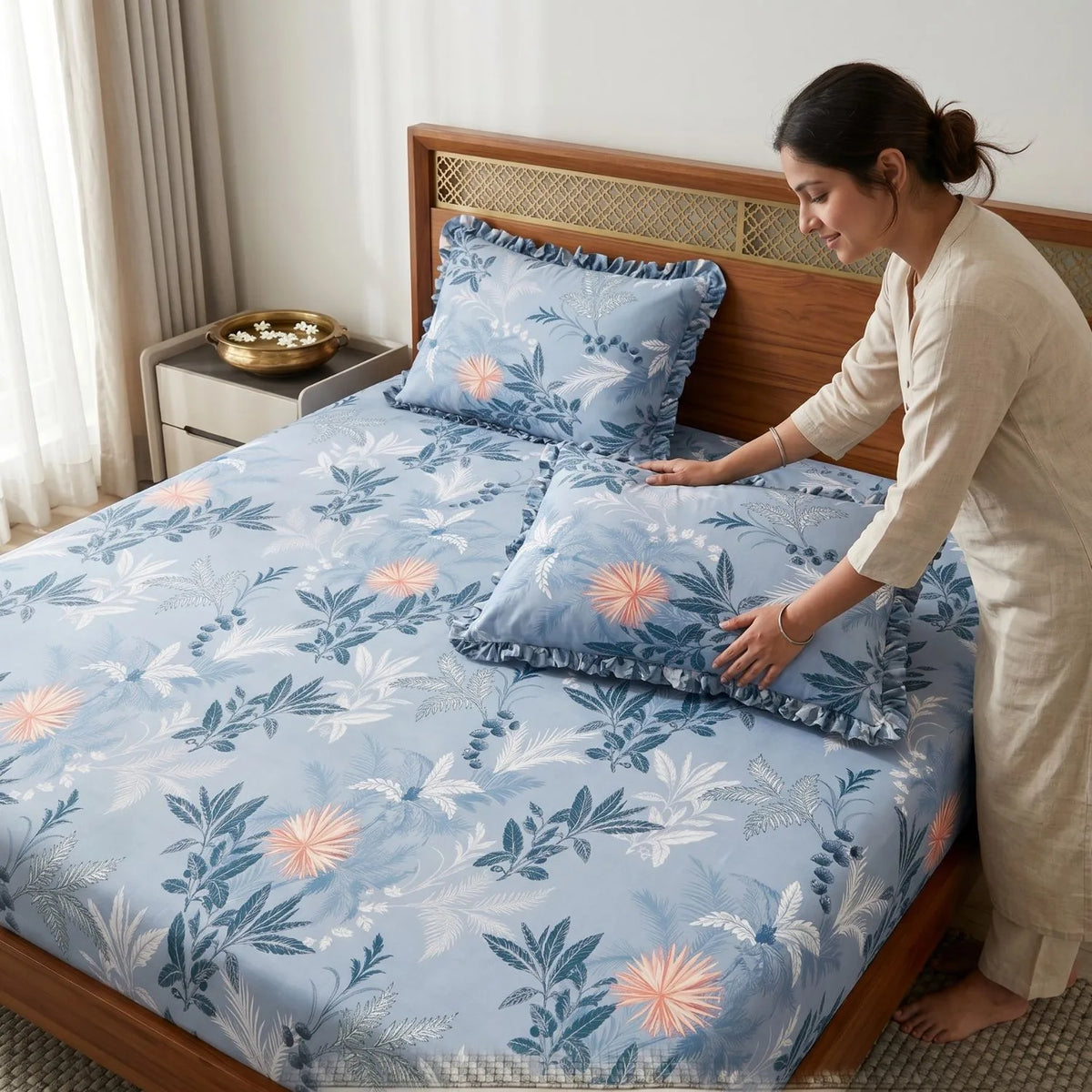 Dream Weaverz Home Polycotton King Fitted (Elastic) 260 TC Floral 1 Bedsheet with 2 Pillow Covers (Dark Grey-Orange)
