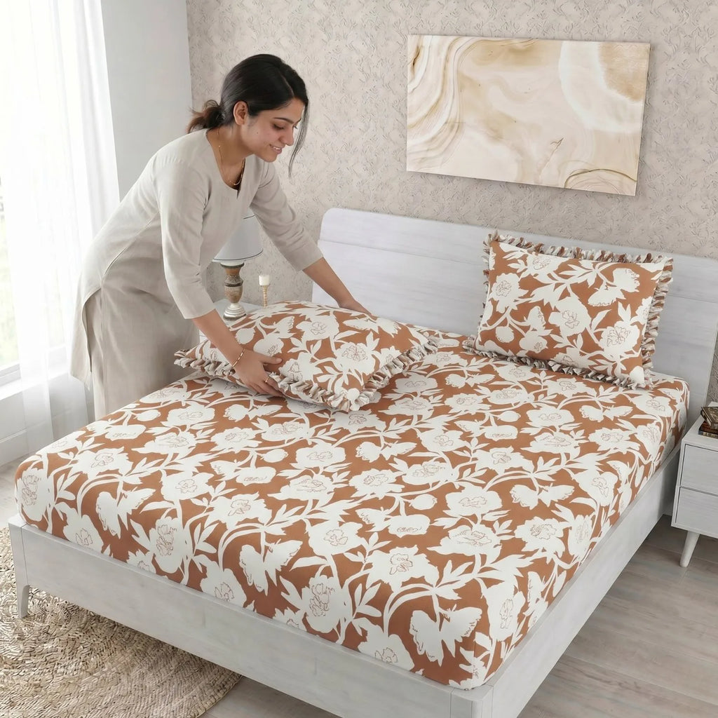 Dream Weaverz Home Polycotton King Fitted (Elastic) 260 TC Floral 1 Bedsheet (Brown-White)