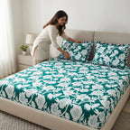 Dream Weaverz Home Polycotton King Fitted (Elastic) 260 TC Floral 1 Bedsheet (Green-White)