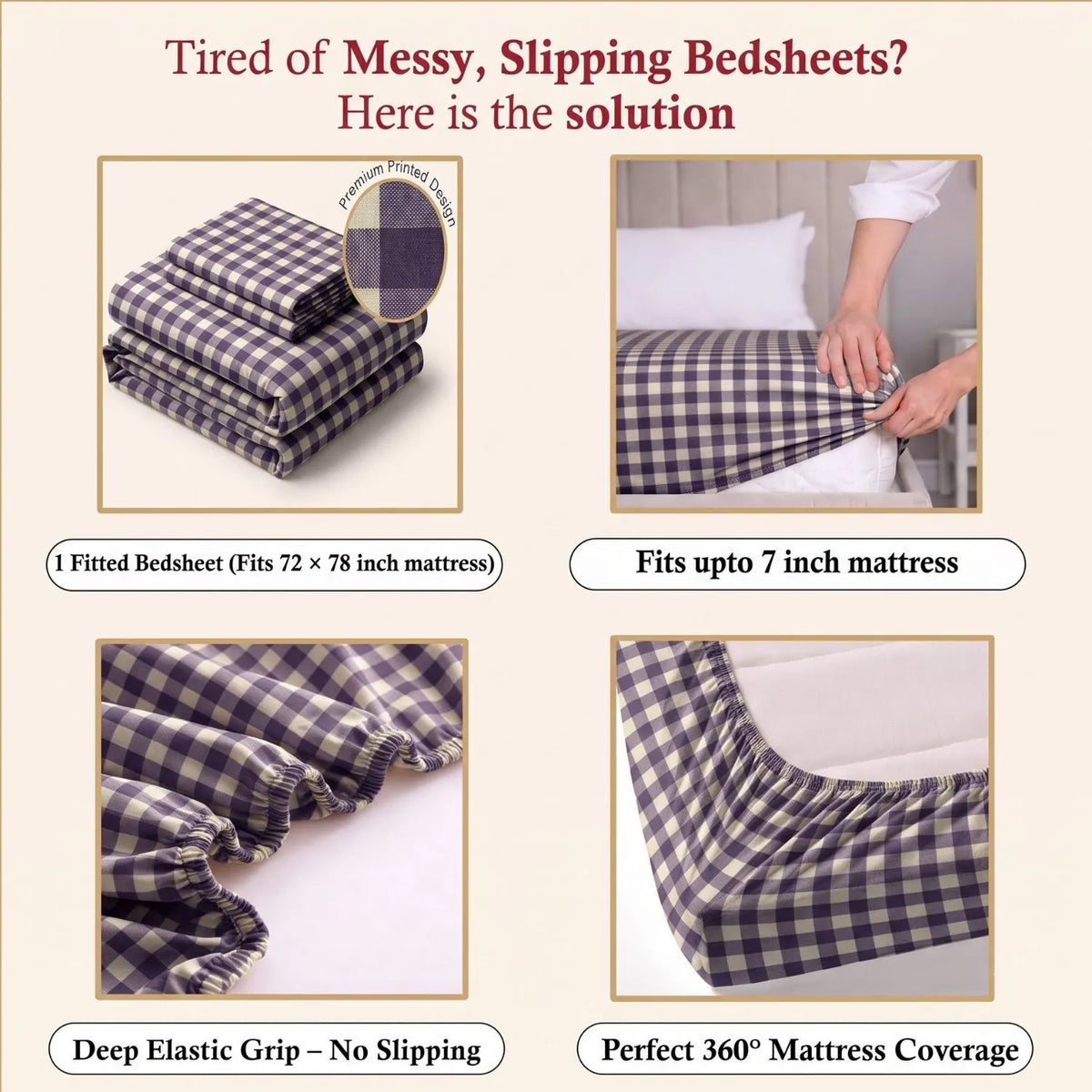 Dream Weaverz Home Polycotton (Fitted) 260TC DoubleSIZE BEDSHEET(Purple check)