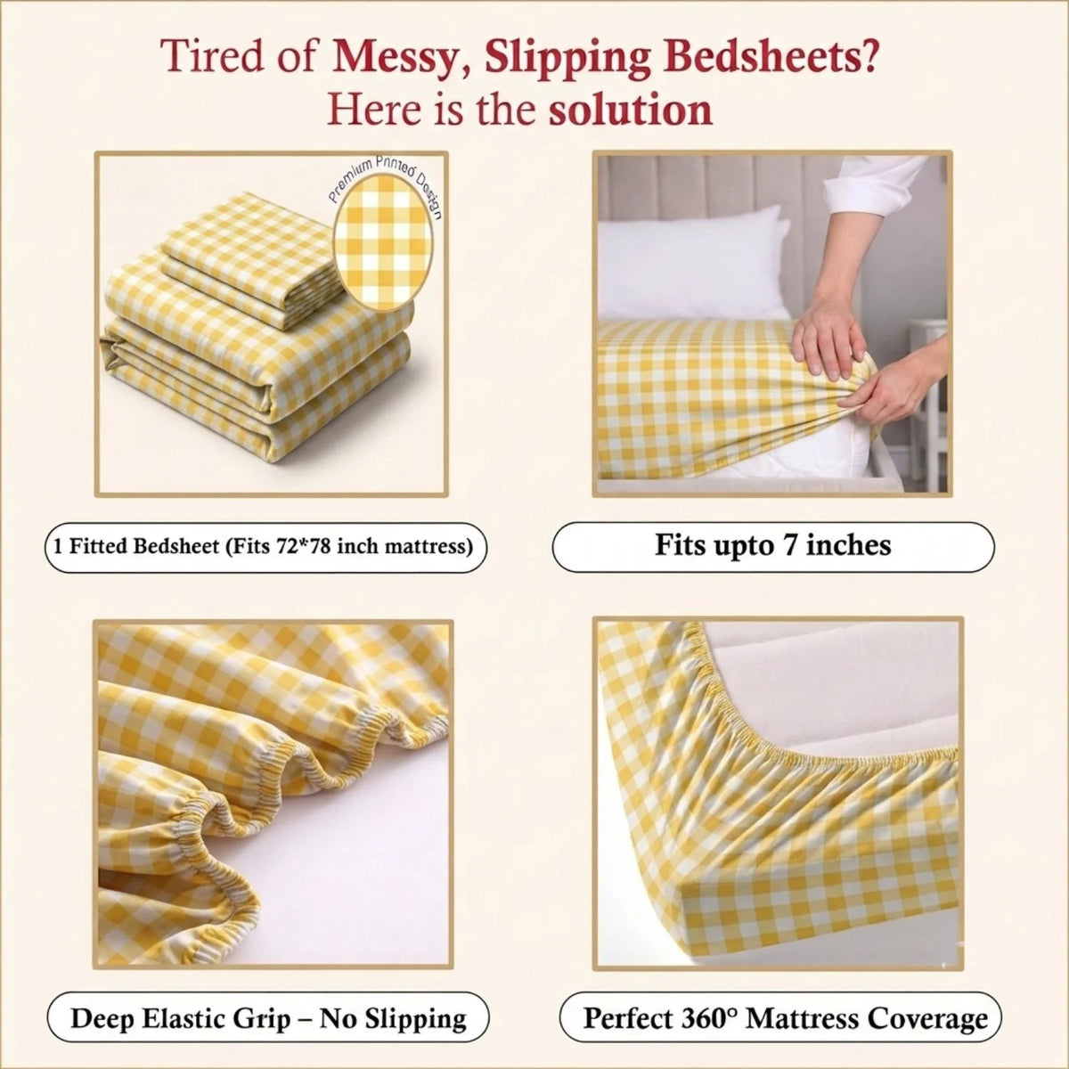 Dream Weaverz Home Polycotton (Fitted) 260TC DoubleSIZE BEDSHEET(Yellow Check)