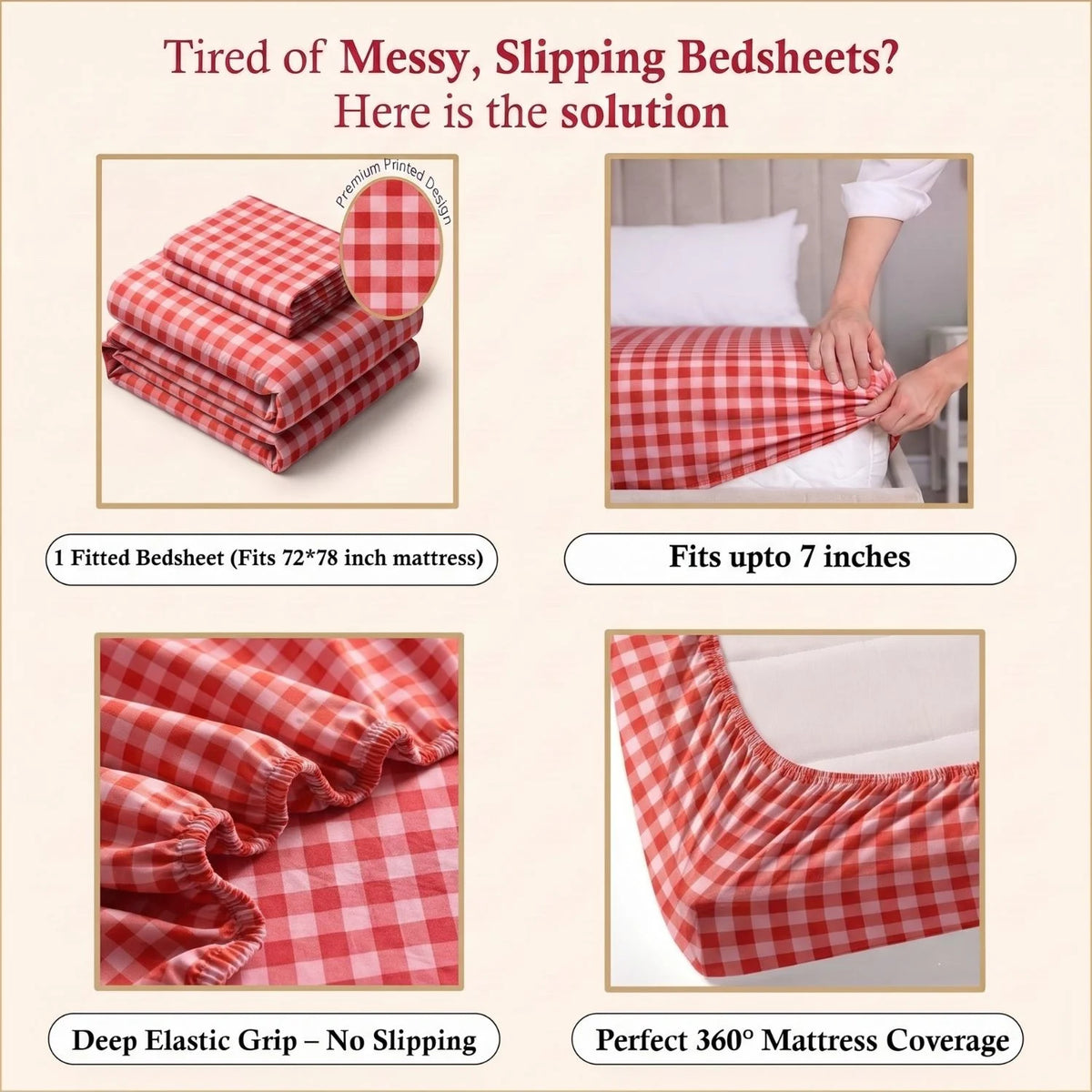 Dream Weaverz Home Polycotton (Fitted) 260TC DoubleSIZE BEDSHEET(Red Check)