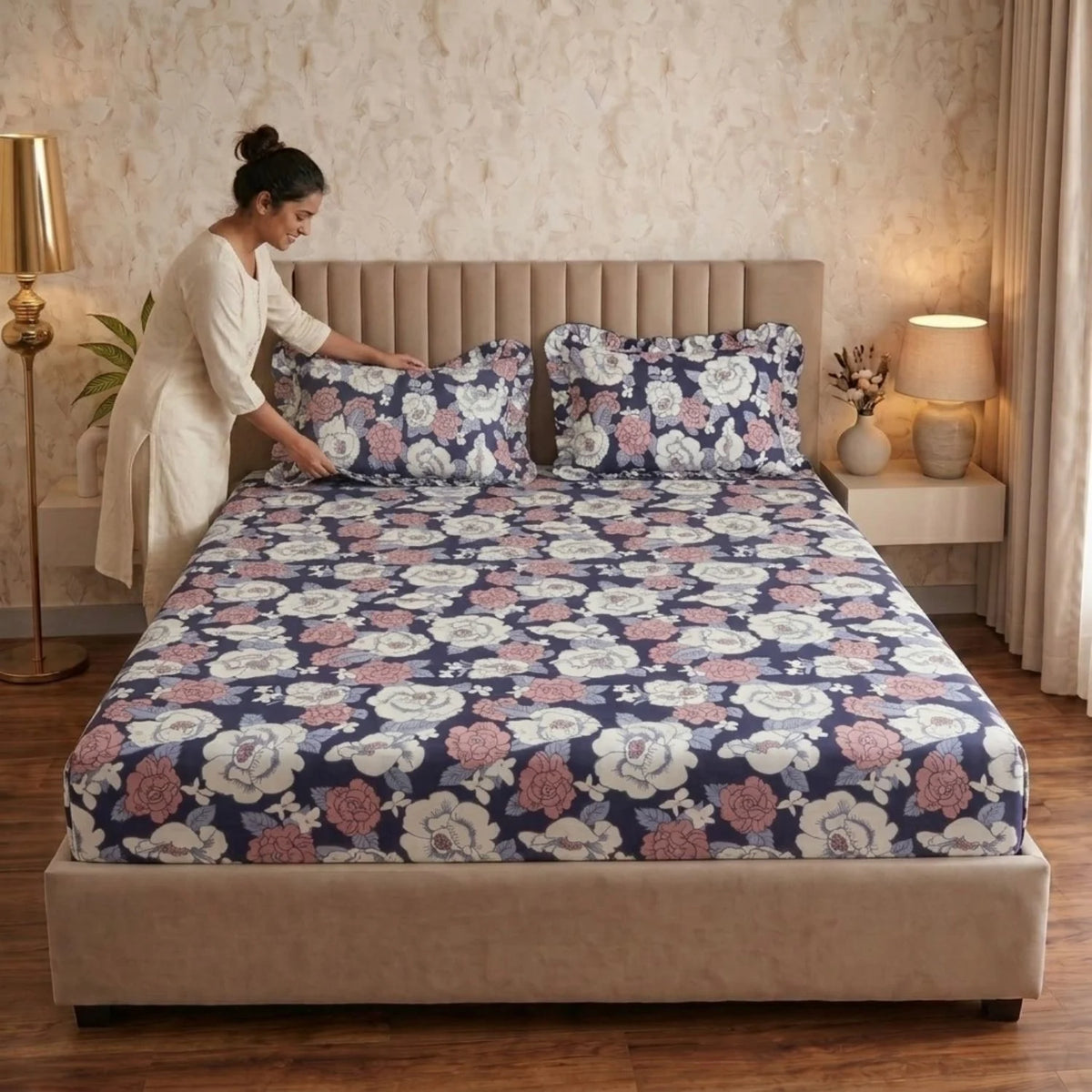 Dream Weaverz Home Polycotton (Fitted) 260TC DoubleSIZE BEDSHEET(Purple-Pink-White)