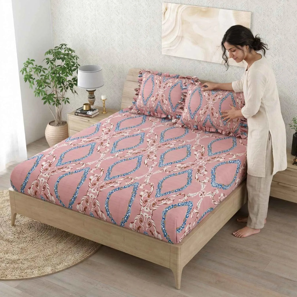 Dream Weaverz Home Polycotton Double Fitted (Elastic) 260 TC Abstract 1 Bedsheet with 2 Pillow Covers (Maroon)