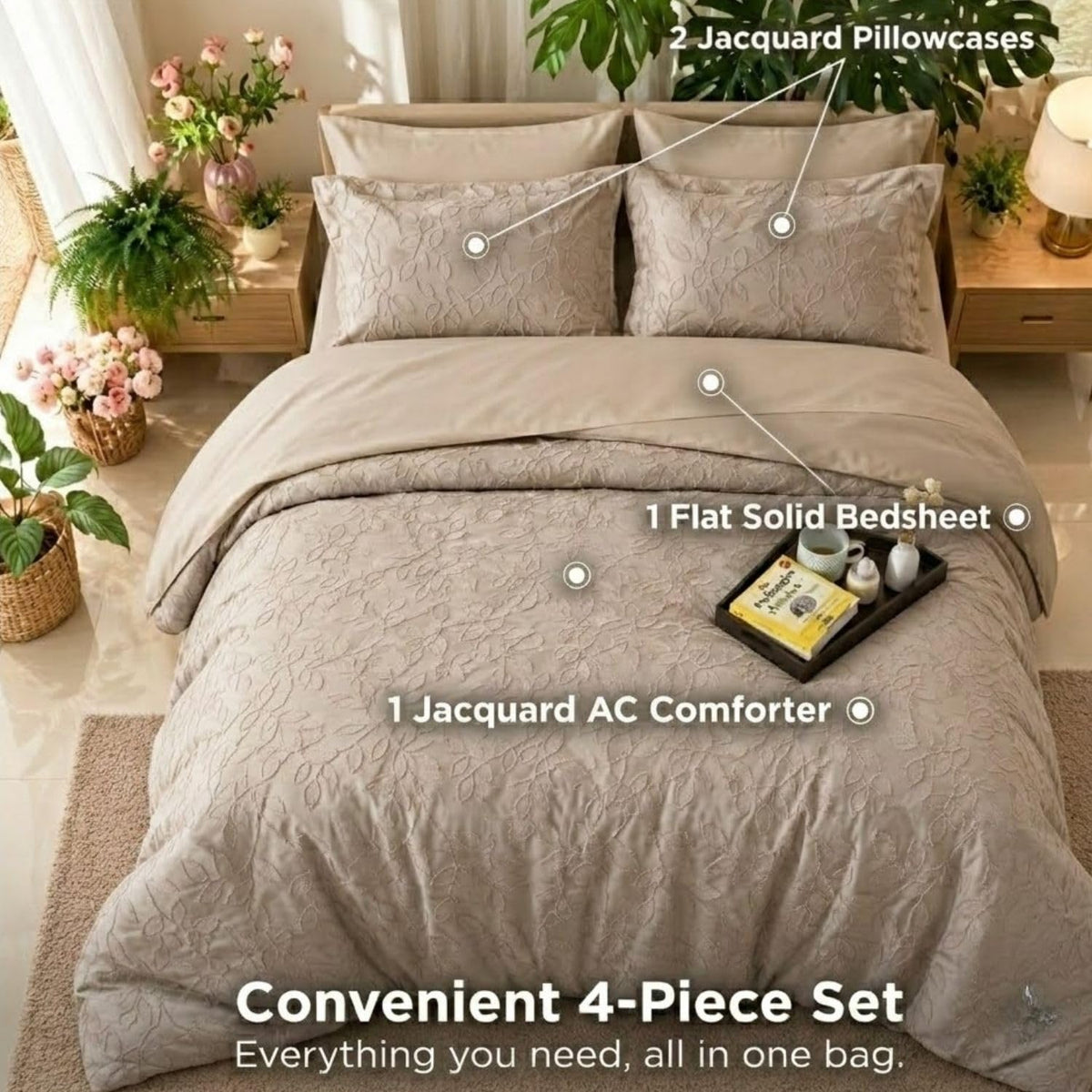 Dream Weaverz Jacquard Bedsheets King Size, 4-Piece Cotton Set Double King Bed | AC Comforter, Flat Sheet & 2 Matching Pillow Covers | Soft, Breathable & Skin-Friendly Self Design, Taupe