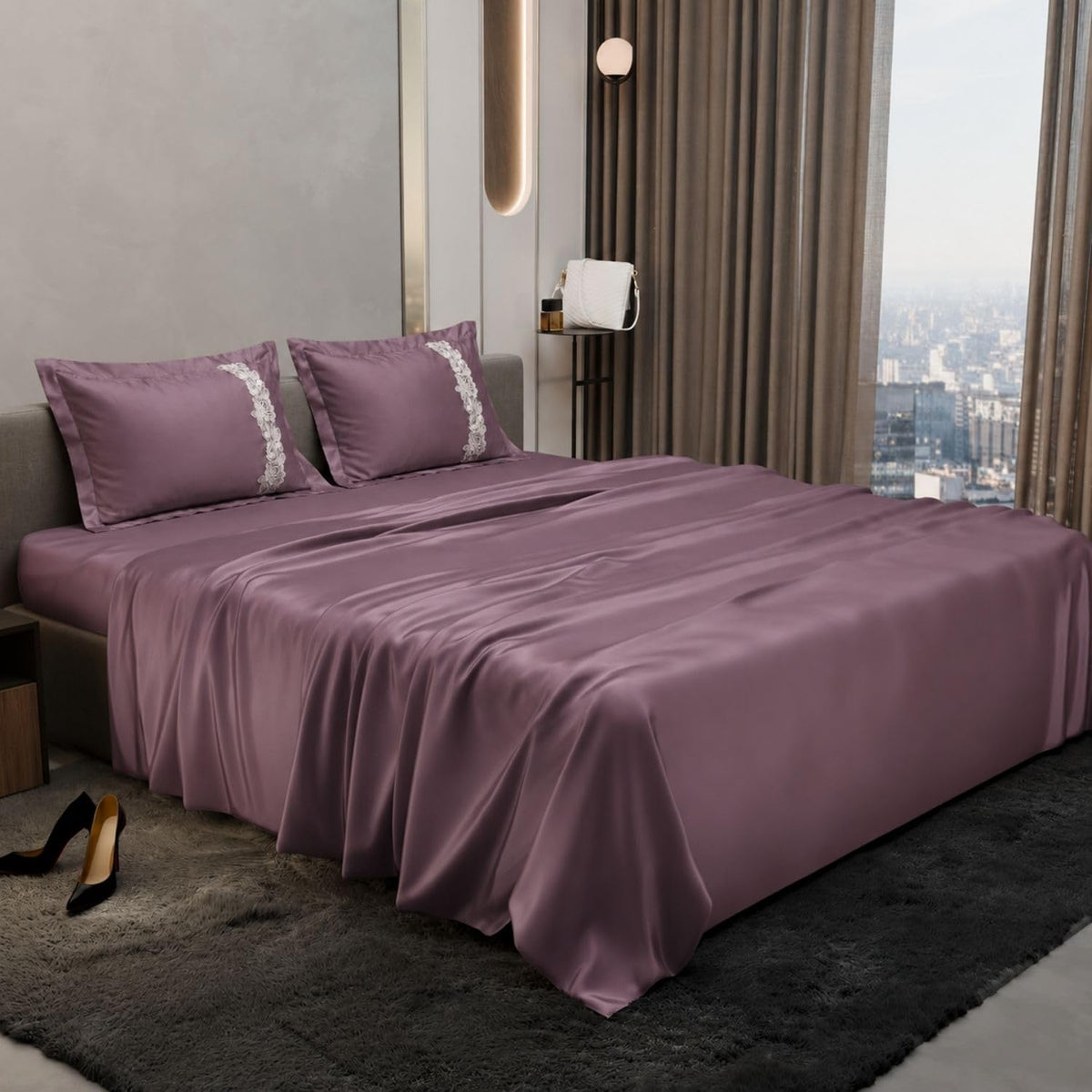 Dream Weaverz Satin Bedsheets King Size, 3-Piece Bedding Set 300 Thread Count Bedsheet & 2 Floral Lace Covers | Prevents Wrinkles, Tangles & Frizz | Retains Moisture, Mauve