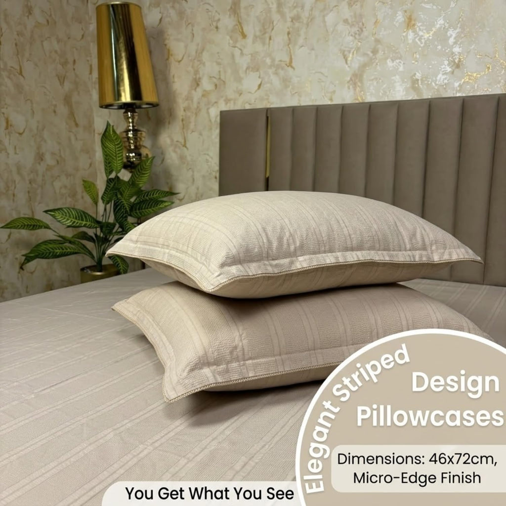 Dream Weaverz Cloud-Cotton King Size Striped Bedsheet with 2 Pillow Covers, 220 TC|Beige